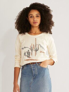 Pendleton Desert Cactus Graphic Long Sleeve Top Cream Ivory Cotton Top Size L